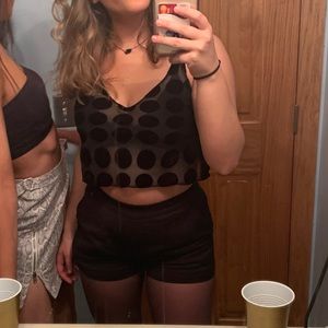 Mesh Polka Dot Cross Back Double Strap Tank Top